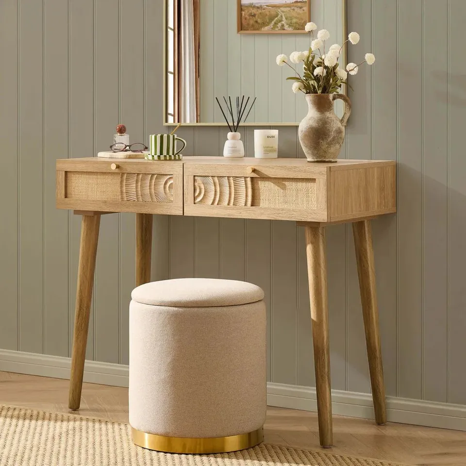 BOXED DUSK RAVEN RATTAN DRESSING TABLE WITH DRAWERS - LIGHT WOOD (1 BOX)