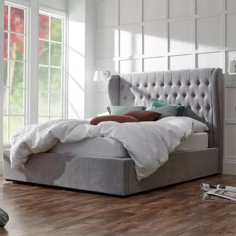 BOXED DAKOTA VELVET LIFT UP DOUBLE BED - GREY (5 BOXES)