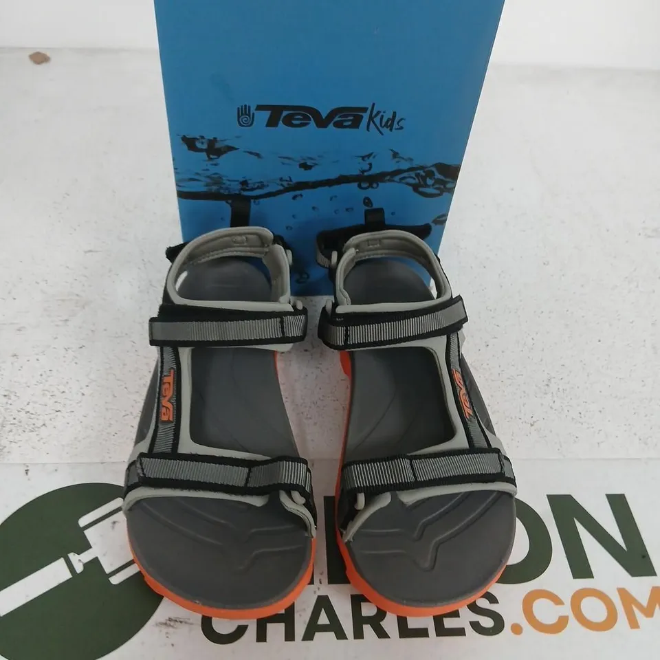 TEVA KIDS TANZA SANDALS – GREY/BLACK WITH ORANGE OUTSOLE, BOXED