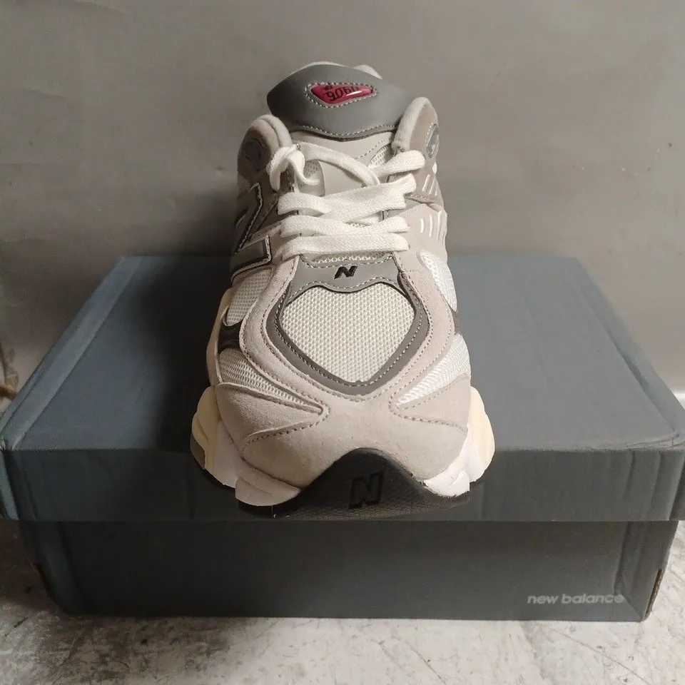 BOXED PAIR OF NEW BALANCE 9060 TRAINERS IN TAUPE/GREY SIZE UK 10.5