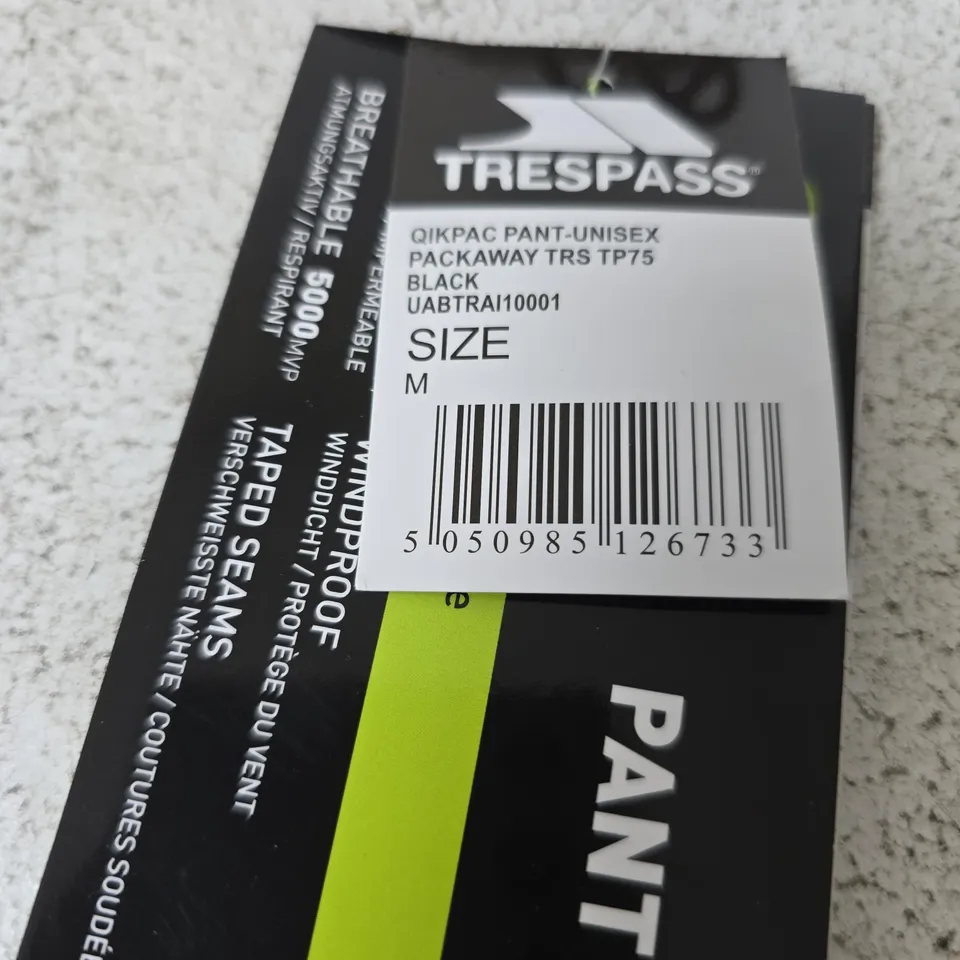 TRESPASS QIKPAC PANT – UNISEX PACKAWAY, BLACK, SIZE M