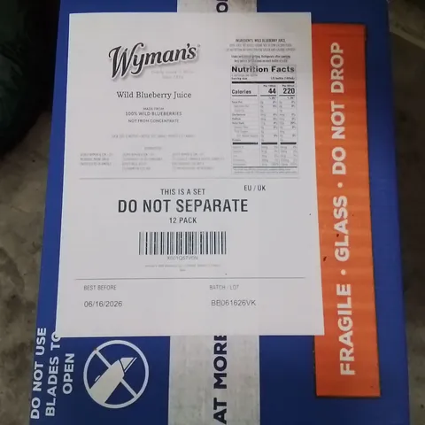 PALLET CONTAINING A LARGE QUANTITY OF WYMANS WILD BLUEBERRY JUICE AND OTHER ASSORTED HOUSEHOLD PRODUCTS