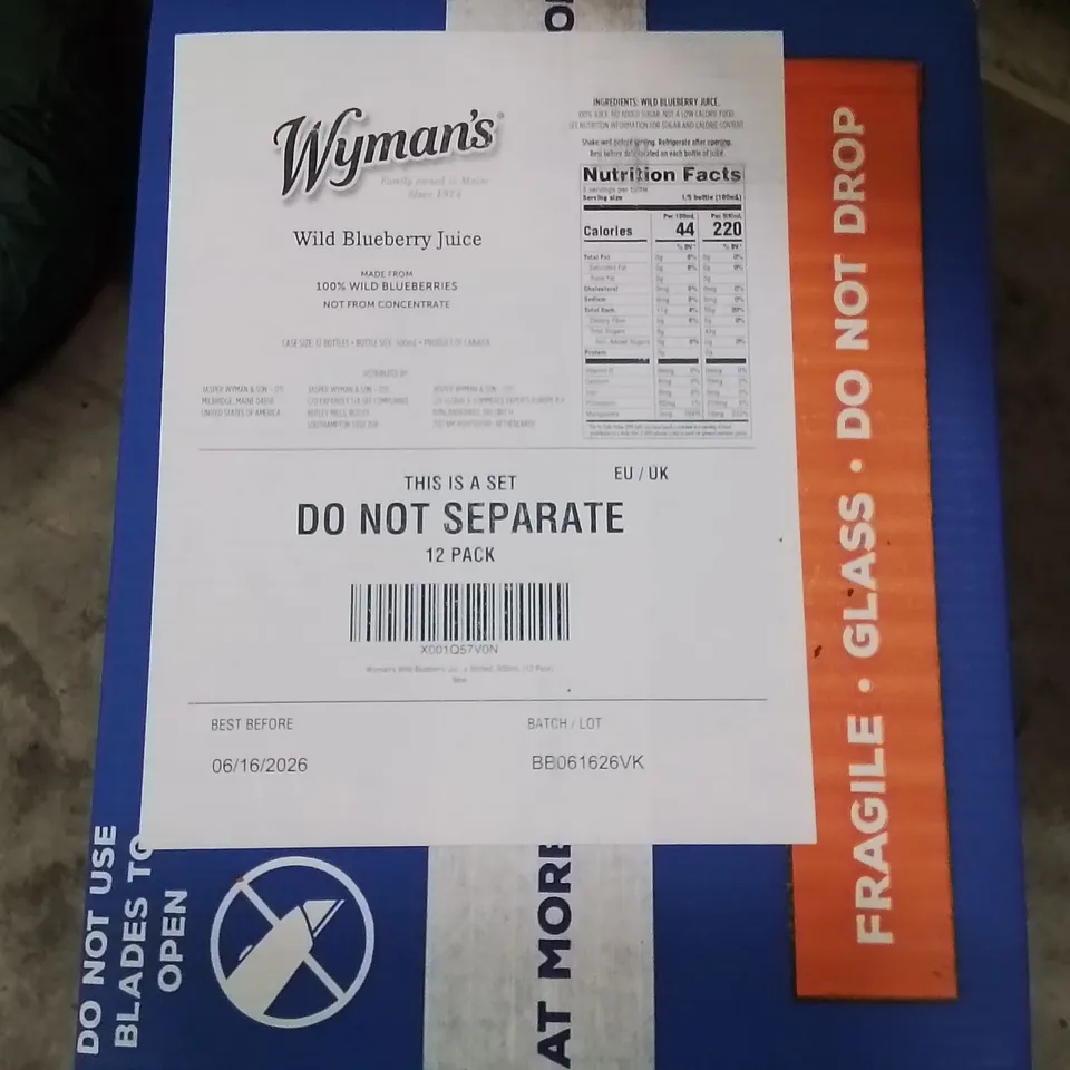 PALLET CONTAINING A LARGE QUANTITY OF WYMANS WILD BLUEBERRY JUICE AND OTHER ASSORTED HOUSEHOLD PRODUCTS