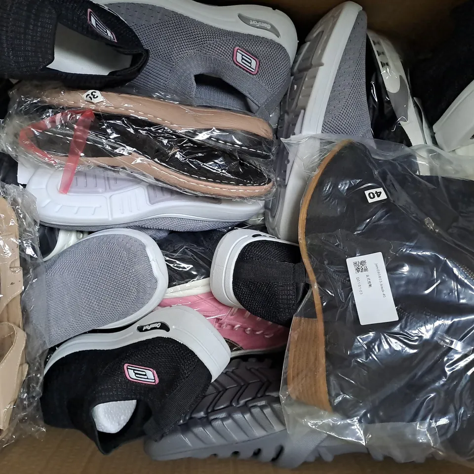 BOX OF APPROXIMATELY 15 ASSORTED PAIRS OF SHOES AND FOOTWEAR ITEMS IN VARIOUS STYLES AND SIZES TO INCLUDE CANEMON, ZARA, ETC