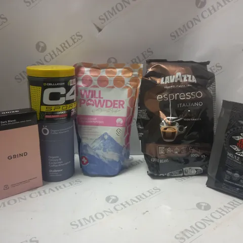 LOT OF ASSORTED FOOD AND DRINK ITEMS TO INCLUDE LAVAZZA, TIKI TONGA AND WILL POWER