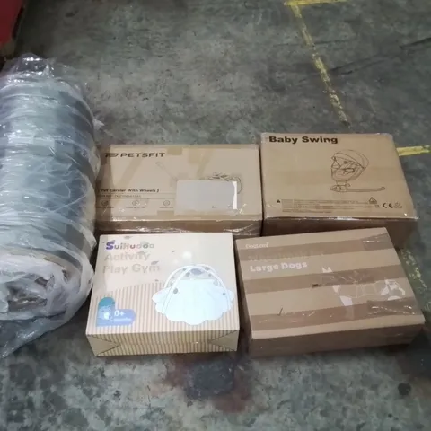 PALLET OF ASSORTED ITEMS TO INCLUDE: ROLLED MATTRESS, BABY SWING, PET CARRIER, LARGE DOG WHEELCHAIR, ACTIVITY PLAY GYM ECT