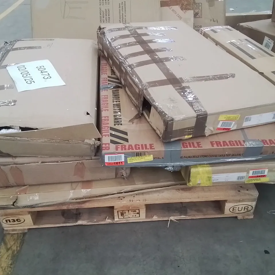PALLET CONTAINING VARIOUS INCOMPLETE BOXED FURNITURE PARTS AND OTHER HOUSEHOLD ITEMS ETC.