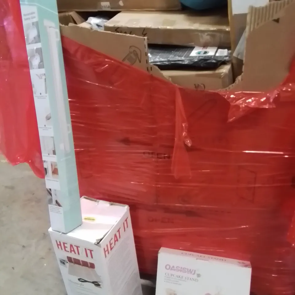 PALLET OF ASSORTED HOUSEHOLD GOODS AND PRODUCTS TO INCLUDE;ELECTRIC FLOOR HEATING SYSTEM,RETRACTABLE SAFETY GATE,CUPCAKE STAND 