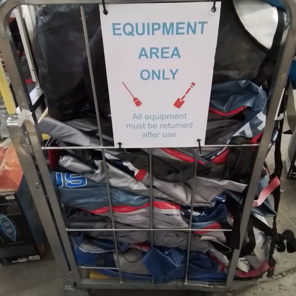 CAGE OF UNTESTED ASSORTED INFLATABLE KAYAKS AND ACCESSORIES 