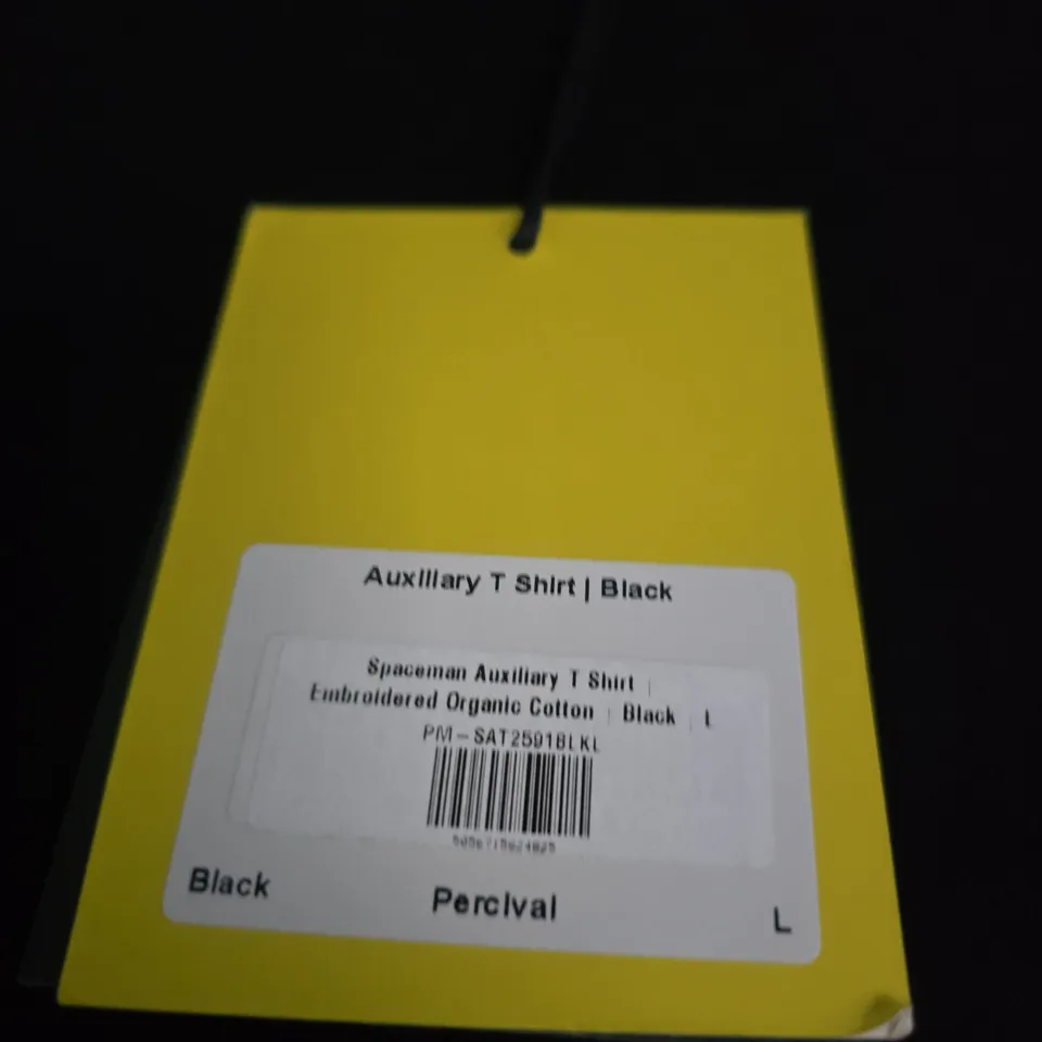 PERCIVAL AUXILIARY T SHIRT – BLACK, ASTRONAUT EMBROIDERED LOGO, UK SIZE L