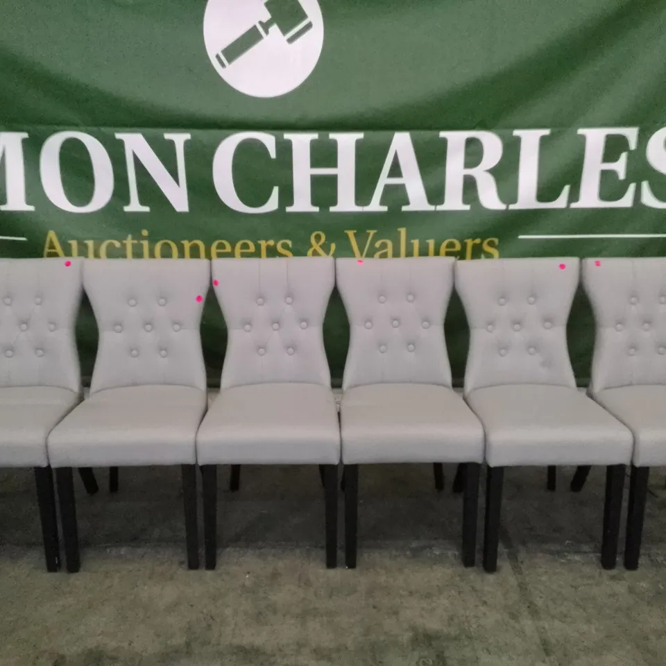 SET OF 6 NEW BEWLEY LIGHT GREY LEATHER BUTTON BACK DINING CHAIRS (BLACK LEG)