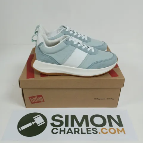 BOXED PAIR OF FITFLOP F-MODE FLOW FABRIC FLATFORM SNEAKERS IN MINT BLUE MIX - UK 7