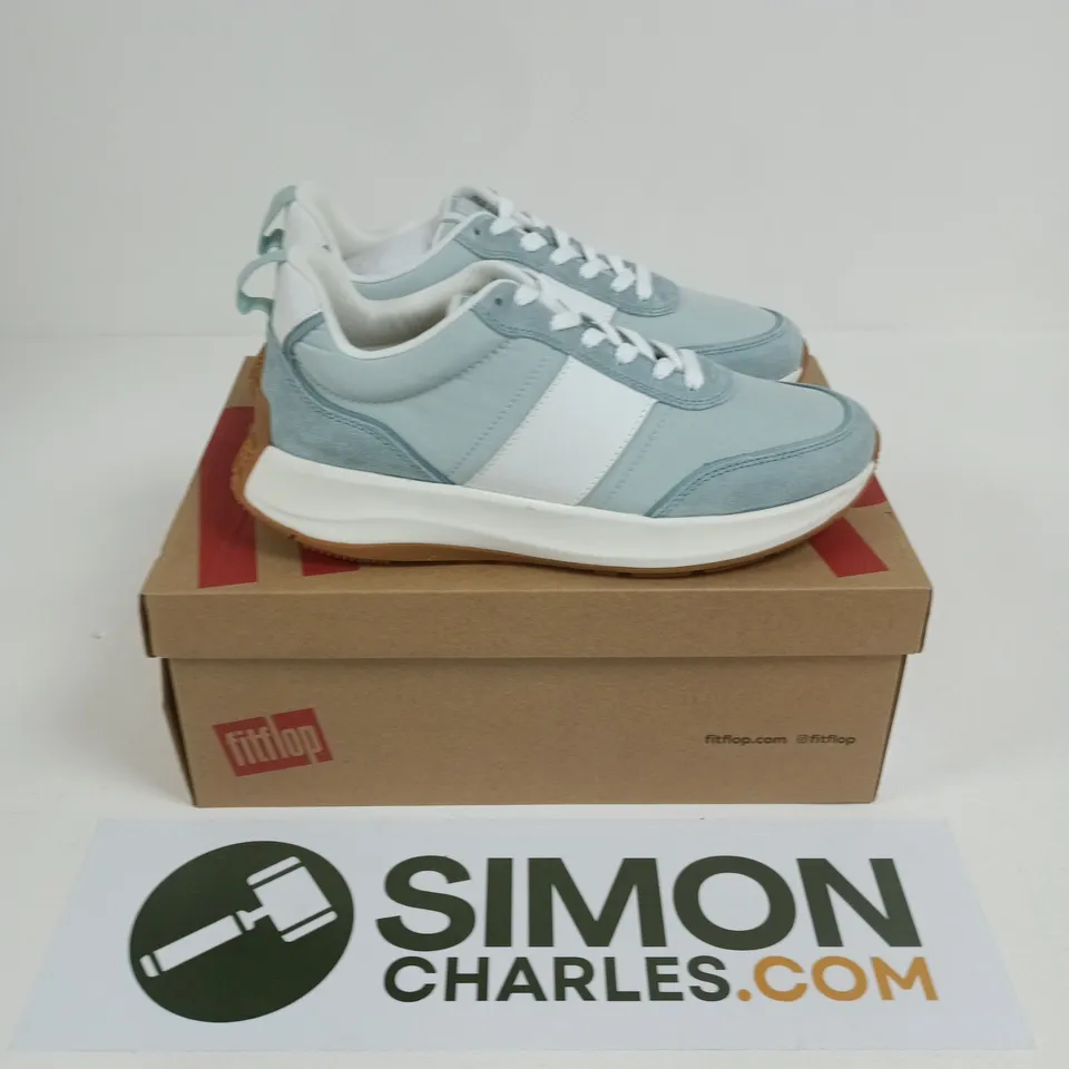BOXED PAIR OF FITFLOP F-MODE FLOW FABRIC FLATFORM SNEAKERS IN MINT BLUE MIX - UK 7