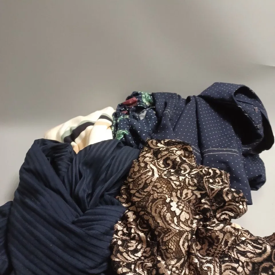 LARGE BOX OF ASSORTED CLOTHING TOO INCLUDE TOPS DRESSES AND TROUSERS ALL IN DIFFERENT COLOURS AND SIZES 