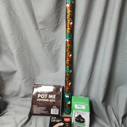 BOX OF APPROXIMATELY 15 ASSORTED HOUSEHOLD ITEMS TO INCLUDE POTTING SOIL, LED FLASHLIGHT GLOVES AND WRAPPING PAPER