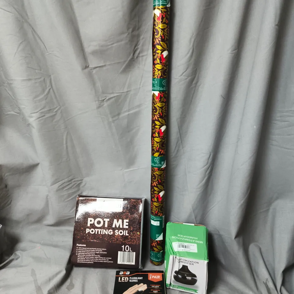 BOX OF APPROXIMATELY 15 ASSORTED HOUSEHOLD ITEMS TO INCLUDE POTTING SOIL, LED FLASHLIGHT GLOVES AND WRAPPING PAPER