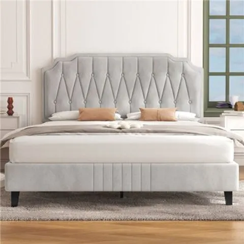 BOXED UPHOLSTERED BED FRAME WITH BUTTON-TUFTED HEADBOARD - BEIGE // SIZE UNSPECIFIED (2 BOXES)