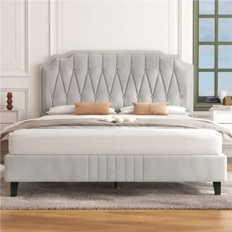 BOXED YAHEETECH UPHOLSTERED BED FRAME WITH BUTTON-TUFTED HEADBOARD - BEIGE // SIZE: KING (2 BOXES)