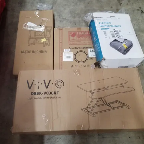 PALLET CONTAINING ASSORTED PRODUCTS INCLUDING WHITE DESK RISER, ELECTRIC HEATED BLANKET, SMART BATHROOM MIRROR & SHOE RACK