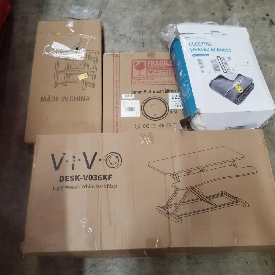 PALLET CONTAINING ASSORTED PRODUCTS INCLUDING WHITE DESK RISER, ELECTRIC HEATED BLANKET, SMART BATHROOM MIRROR & SHOE RACK