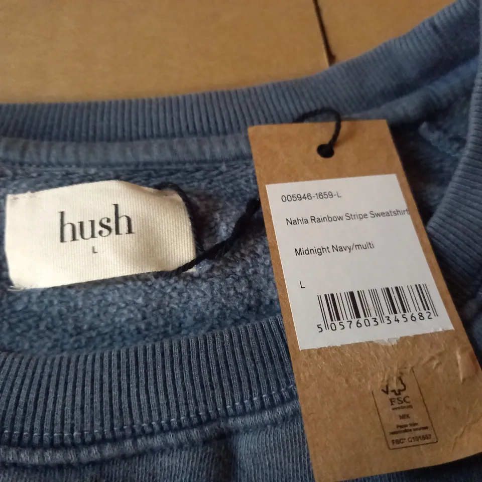 HUSH NAHLA RAINBOW STRIPE SWEATSHIRT IN NAVY - L