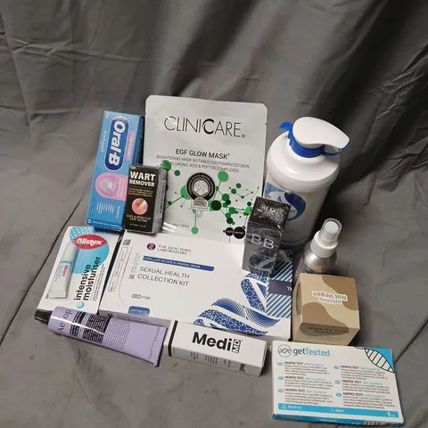 APPROXIMATELY 12 ASSORTED COSMETICS ITEMS TO INCLUDE EGF GLOW MASK, CETRABEN CREAM, WART REMOVER, ETC
