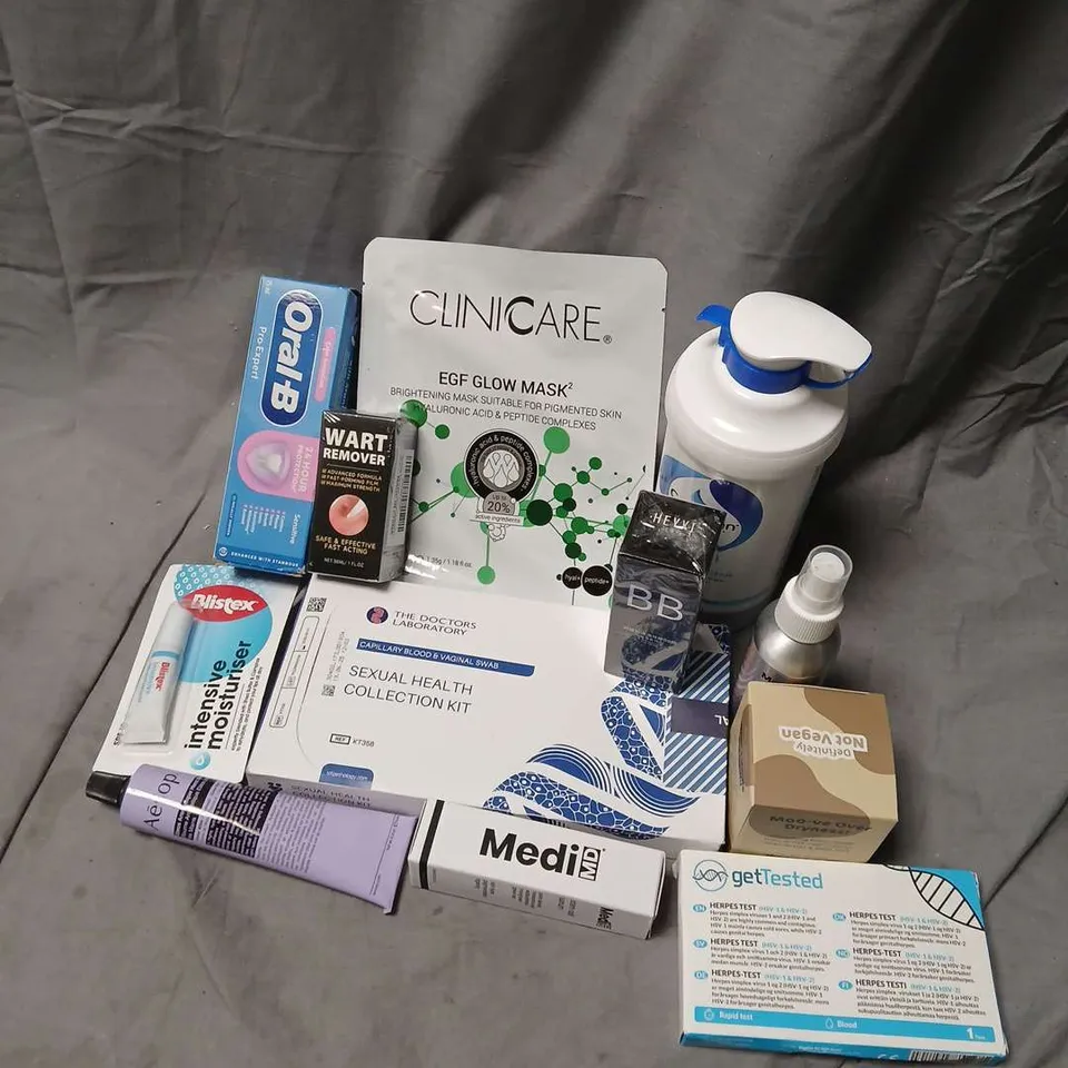 APPROXIMATELY 12 ASSORTED COSMETICS ITEMS TO INCLUDE EGF GLOW MASK, CETRABEN CREAM, WART REMOVER, ETC