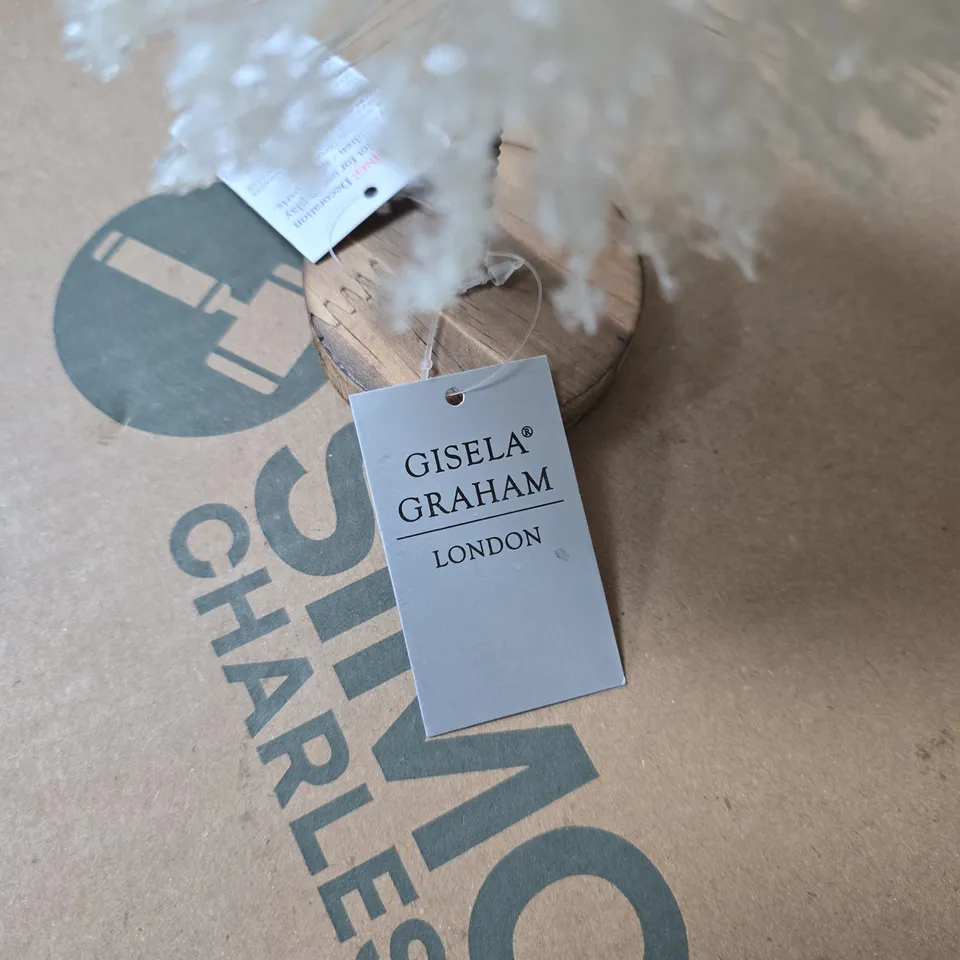 BOX OF APPROXIMATELY 6 GISELA GRAHAM LONDON WHITE BOTTLEBRUSH CHRISTMAS TREE, ON A WOODEN BASE