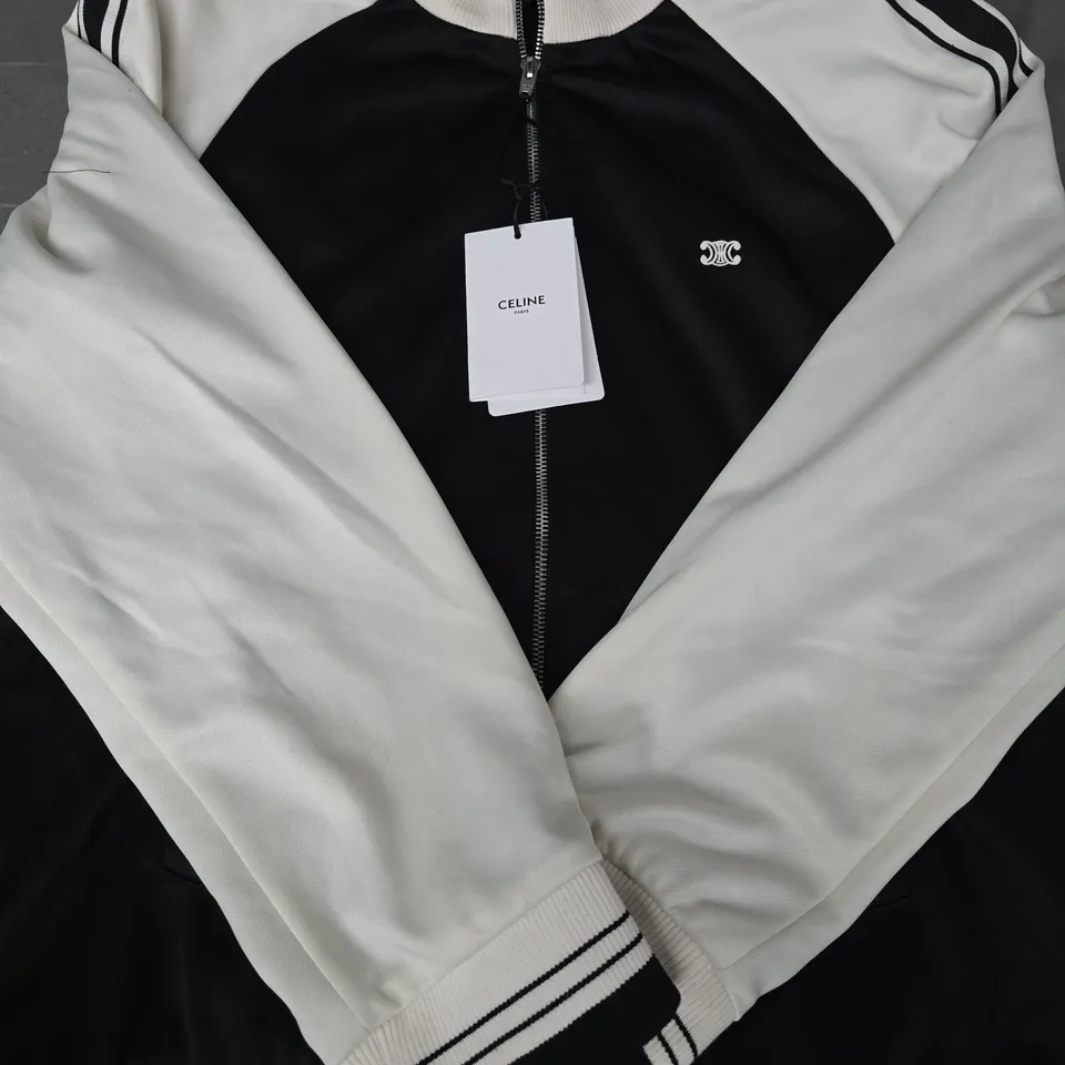 CELINE PARIS ZIP-THROUGH VARSITY JACKET – BLACK & WHITE SIZE MEDIUM