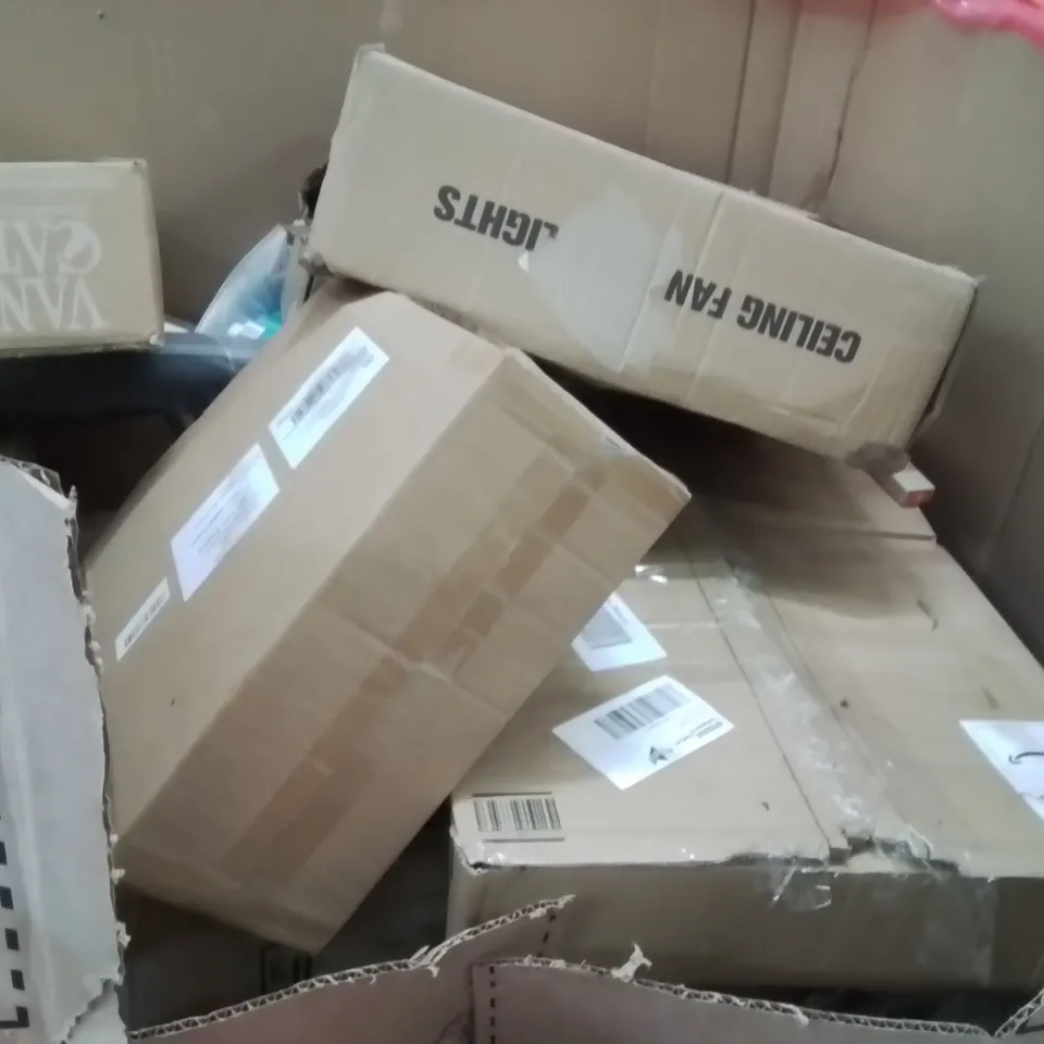 PALLET OF ASSORTED HOUSEHOLD GOODS AND PRODUCTS TO INCLUDE;CEILING FAN WITH LIGHT,JEWELLERY BOX,AIR COOLER