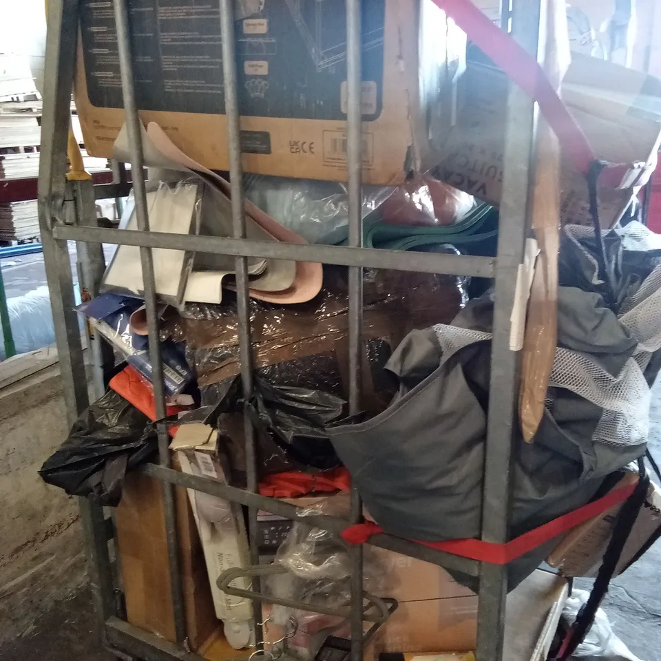 CAGE OF ASSORTED HOUSEHOLD GOODS AND PRODUCTS TO INCLUDE; SUITCASE, FOAM MATS, CAMPING WAGON 120L, PLAYPEN