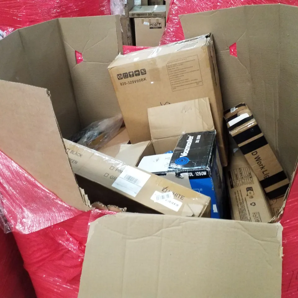 PALLET OF ASSORTED HOUSEHOLD ITEMS AND CONSUMER PRODUCTS TO INCLUDE; CLOTHES DRYER, DEHUMIDIFIER, TOWER FAN, VACUUM CLEANER, BOXED FURNITURE ETC 