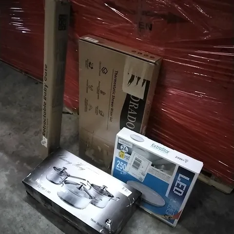 PALLET OF HOUSEHOLD ITEMS TO INCLUDE RETRACTABLE BABY GATE,POTS AND PANS SET,LED LIGHT, SHOWER MIXER SET AND OTHER ASSORTED ITEMS...
