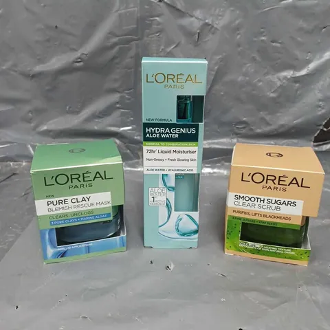 L'OREAL HYDRAGENIUS ALOE WATER, SMOOTH SUGARS CLEAR SCRUB, AND PURE CLAY BLEMSIH RESCUE MASK