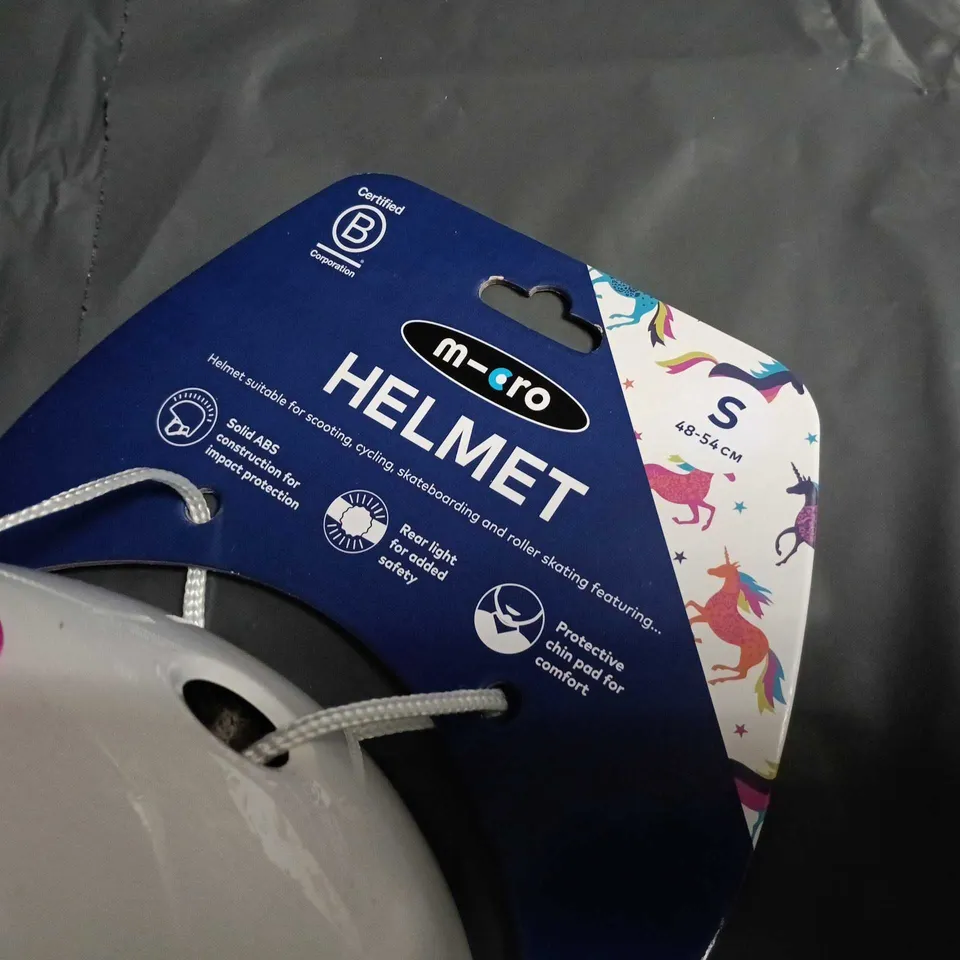 KIDS' UNICORN MICRO HELMET – WHITE, SIZE S (48–54 CM), BY MERO WITH RAINBOW RIBBONS