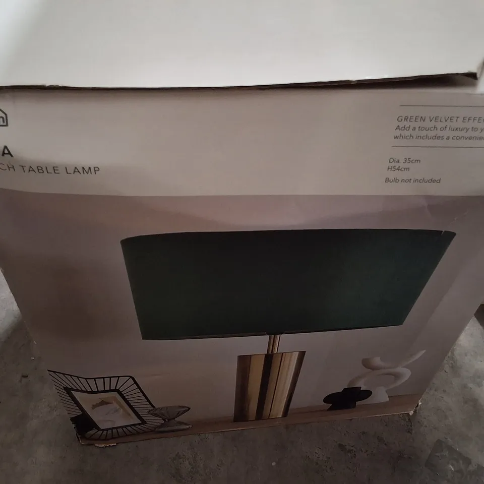 BOXED DUNELM NESA TOUCH TABLE LAMP – GREEN VELVET EFFECT WITH GOLD BASE