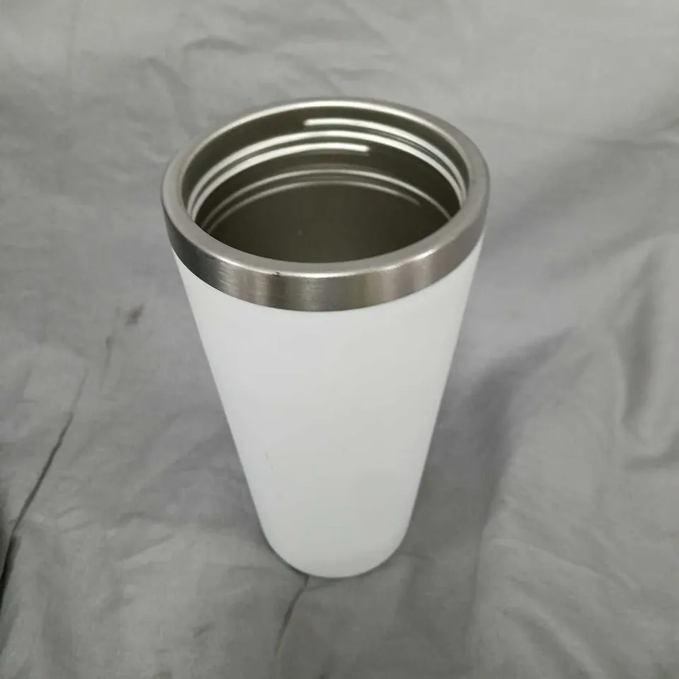 SET OF 5 WHITE INSULATED STAINLESS STEEL TRAVEL MUGS WITH CHROME RIMS