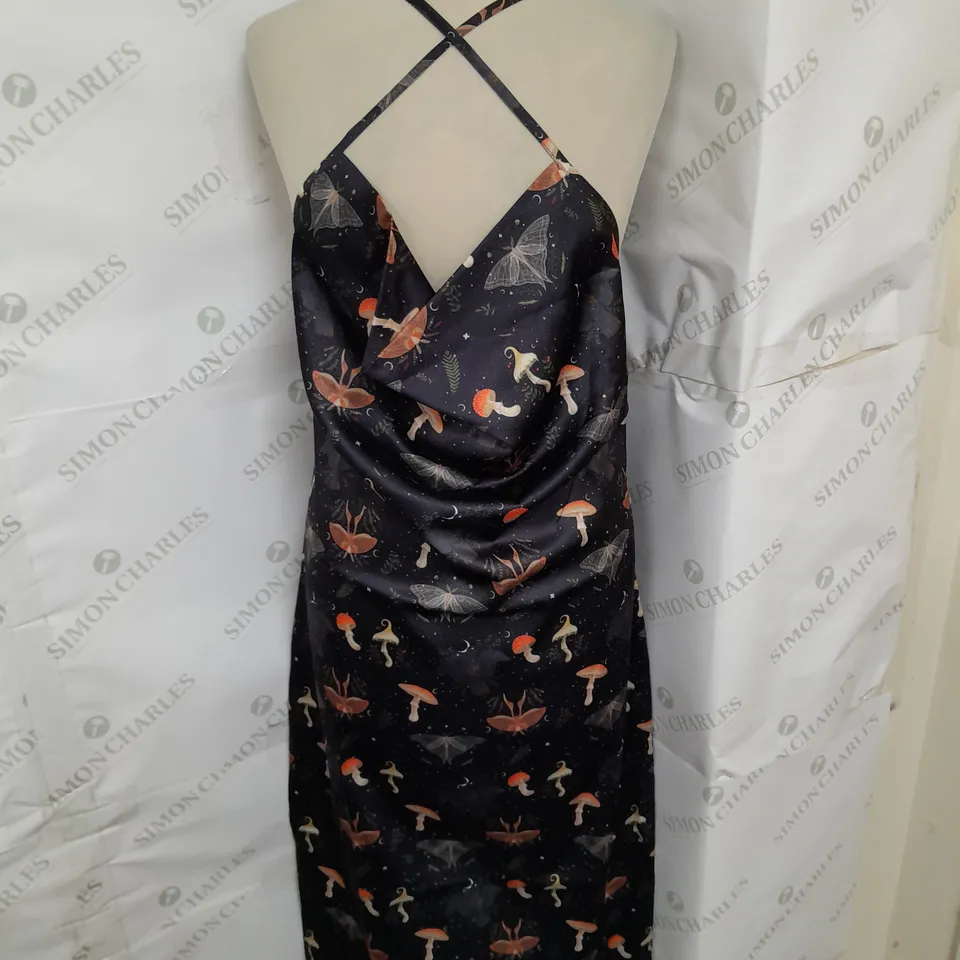 DISTURBIA SATIN SLIP COWL NECK IDIDRESS IN NAVY MUSHROOM AND MOTH PRINT SIZE 12