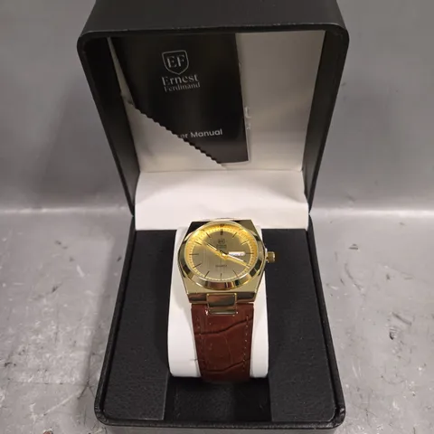 MENS ERNEST FERDINAND WATCH – DAY DATE CALENDAR DIAL – LEATHER STRAP
