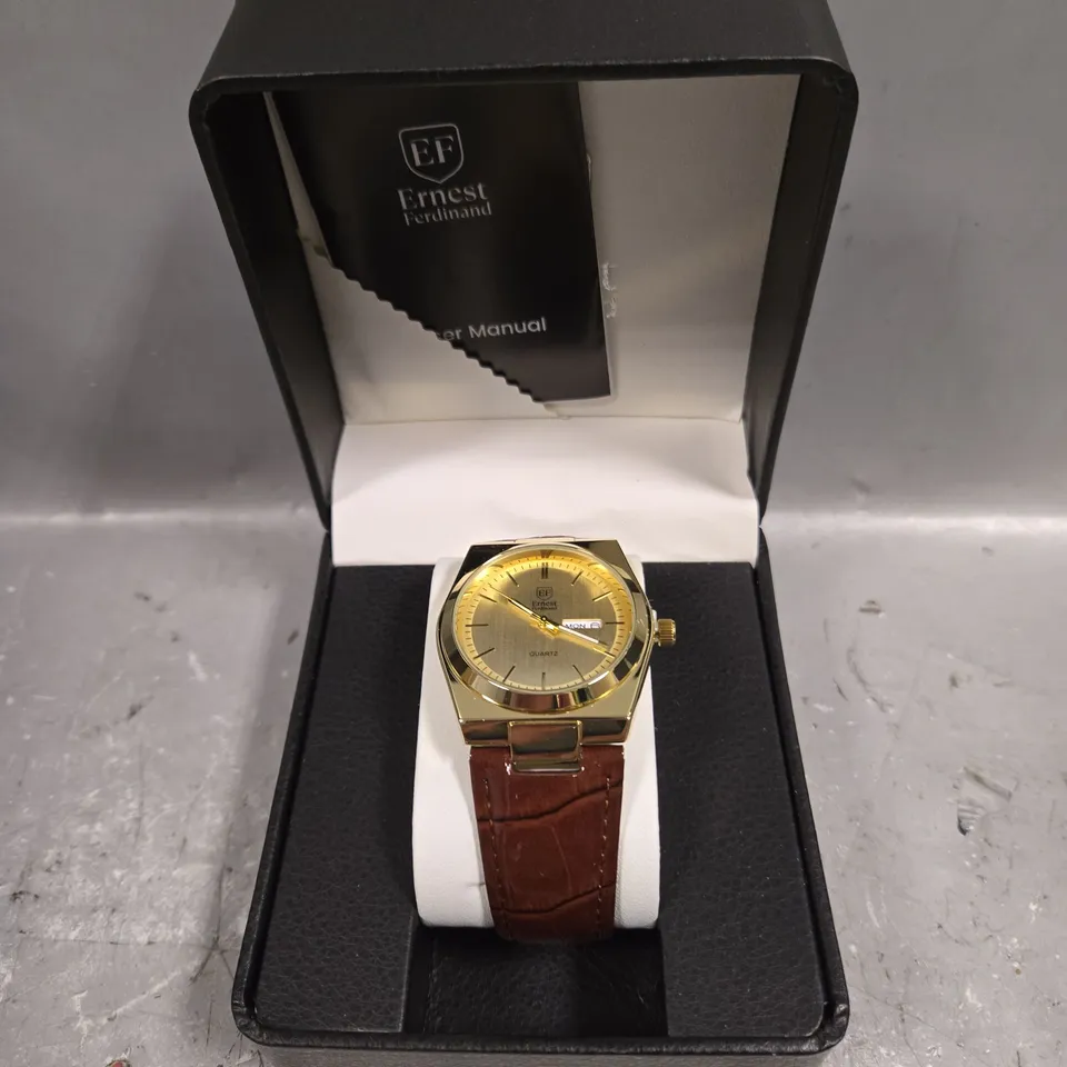 MENS ERNEST FERDINAND WATCH – DAY DATE CALENDAR DIAL – LEATHER STRAP 