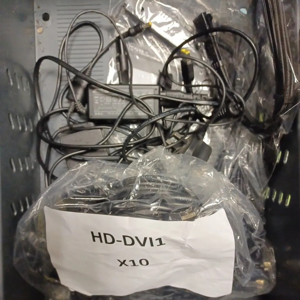 BOX OF APPROXIMATELY 15 ASSORTED ELECTRICAL PRODUCTS TO INCLUDE WIRELESS KEYBOARD, HDMI-DVI CABLES, VARIOUS POWER CABLES ETC 