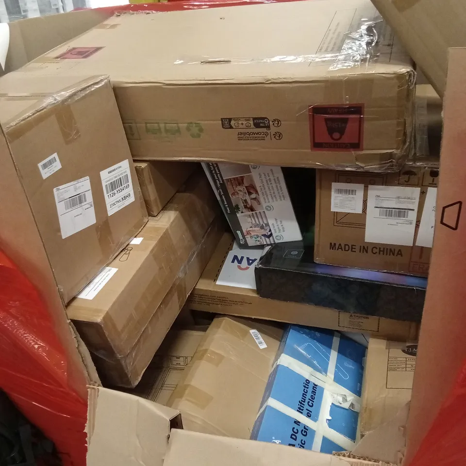 PALLET OF ASSORTED HOUSEHOLD GOODS AND PRODUCTS TO INCLUDE; KIDS SCOOTER AND TRICYCLE, STEERING LOCK, BACKPACK, GARDEN HOSE REEL ETC