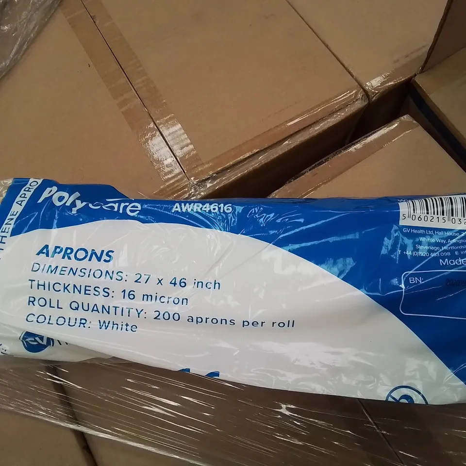 PALLET OF 25 CASES EACH CONTAINING 5 PACKS OF 200 POLYCARE APRONS 27 × 46" 16 MICRON WHITE