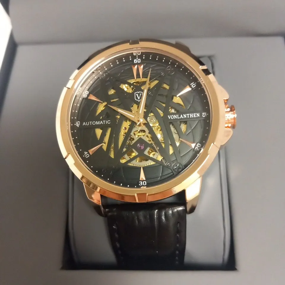 MENS VONLANTHEN AUTOMATIC SKELETON WATCH – V110 - GLASS EXHIBITION BACKCASE – BLACK LEATHER STRAP