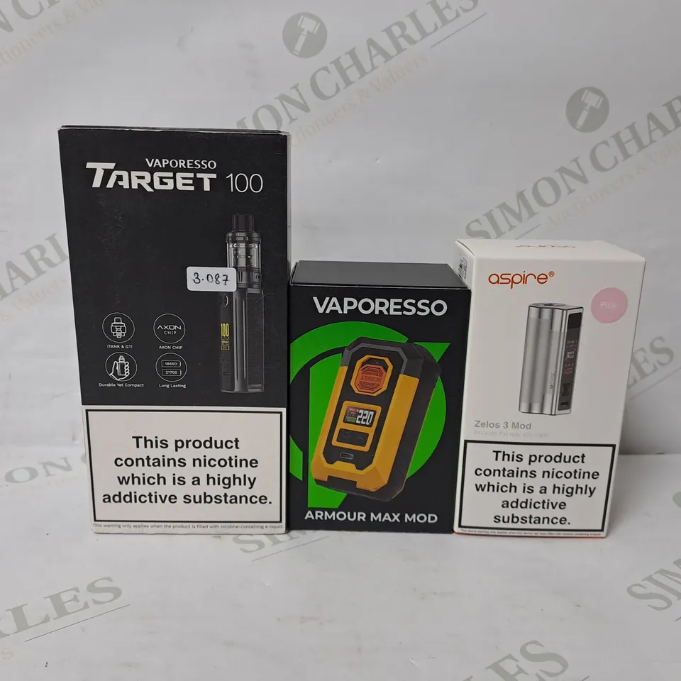 APPROXIMATELY 20 ASSORTED E-CIGARETTE PRODUCTS TO INCLUDE VAPORESSO TARGET 100, VAPORESSO ARMOUR MAX POD, ASPIRE ZELOS 3 MOD 