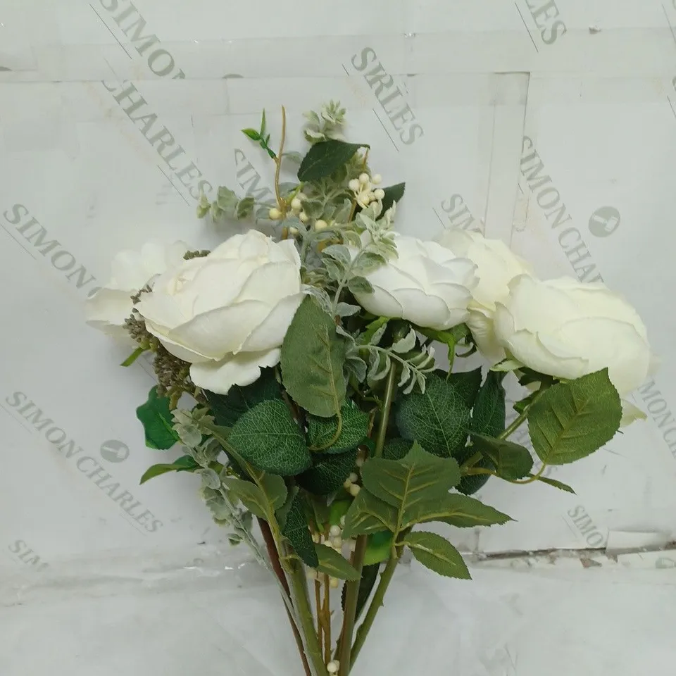 BOXED FAUX FLOWER ARRANGEMENT WHITE WITH VASE AND PEONY FLOWER AND ROOM SCENT