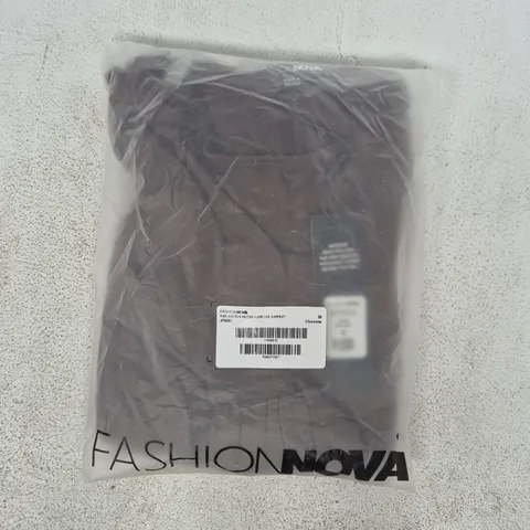 BAGGED FASHION NOVA KISS AND RUN HALTER FLARE LEG JUMPSUIT IN CHOCOLATE SIZE MEDIUM