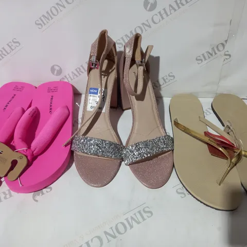 BOX OF APPROXIMATELY 15 ASSORTED PAIRS OF SHOES AND FOOTWEAR ITEMS IN VARIOUS STYLES AND SIZES TO INCLUDE PRIMARK, HAVAIANAS, MISSKG, ETC