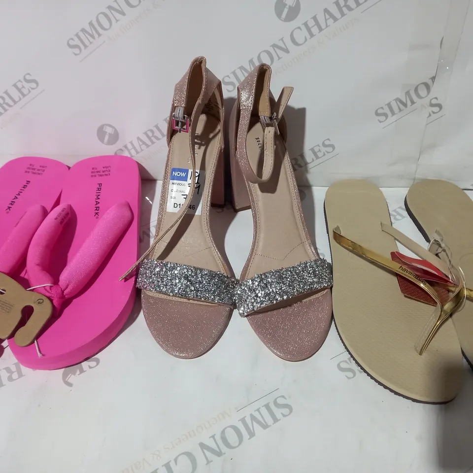 BOX OF APPROXIMATELY 15 ASSORTED PAIRS OF SHOES AND FOOTWEAR ITEMS IN VARIOUS STYLES AND SIZES TO INCLUDE PRIMARK, HAVAIANAS, MISSKG, ETC