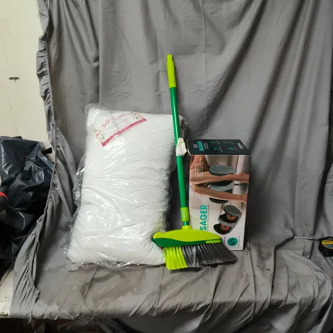 CAGE OF APPROXIMATELY 10 ASSORTED ITEMS INCLUDING PILLOW, FOOT MASSAGER, BRUSH ETC 